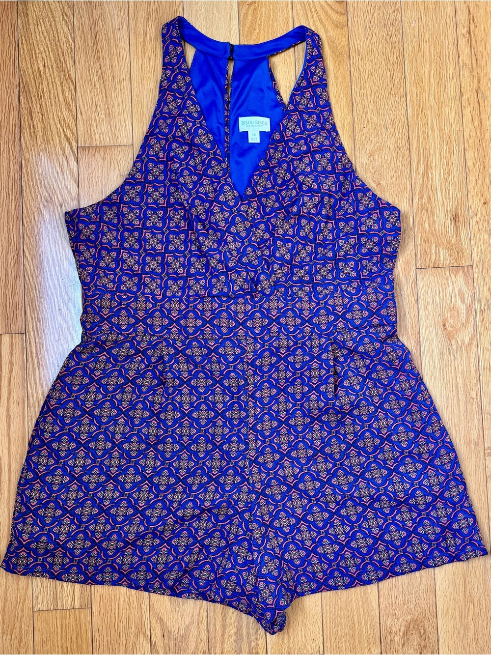 Bisou Bisou Blue and Coral Geometric Women One-Piece Romper